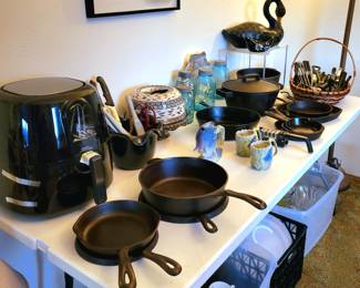 Vintage / Antique Cast Iron, Vintage Blue Mason Jars, & Brand New Power Air Fryer Elite