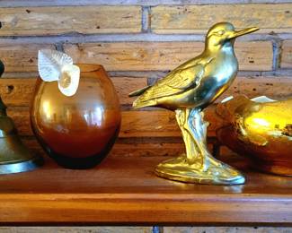 Amber Glass Art Glass, Brass Killdeer 