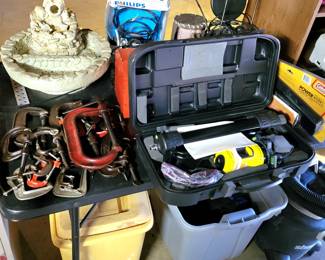 Small Water Fountain, Brand New Laser Level, Clamps, Shop Vac, Etc