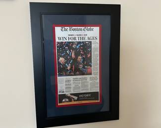 Framed Front Page of the Boston Globe  Commemorating the New England Patriots Super Bowl Win in 2017.