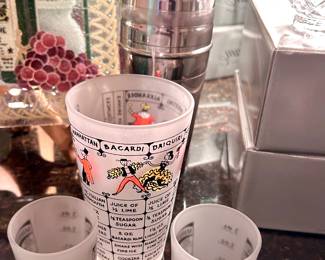 Vintage Frosted MCM Cocktail Recipe Glass and Shot Glasses