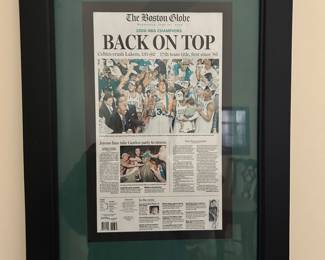  Framed Front Page of the Boston Globe  Commemorating the Boston Celtics 2008 Championship Win.