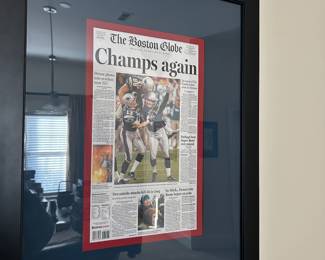Framed Front Page of the Boston Globe  Commemorating the New England Patriots 2004 Super Bowl Win