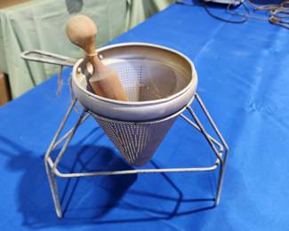 70's Aluminum Canning Strainer with Pestle and Tripod stand