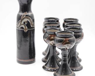 Stoneware Pottery Pitcher & Goblets 8pc Set