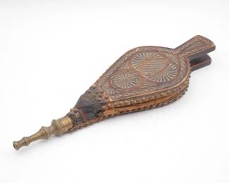 Vintage Carved Wood, Leather & Brass Fireplace Bellows