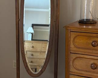 Oval oak standing mirror