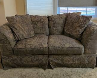 Comfy loveseat  with oversized pillows - in a dark silver sage green color