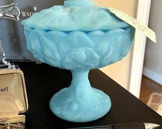 Fenton Blue Silk lidded dish...beautiful... We have several pieces of Fenton glass!