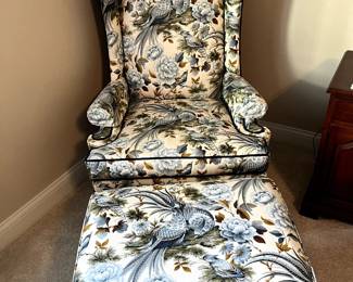 Gorgeous upholstered Pheasant chair!  This thing is beautiful!  SO comfy, custom made with two matching pillows and ottoman!  Cream with blues and browns, a little taupe...this will be a gorgeous addition to your living room, den or bedroom.  It's truly a great piece!