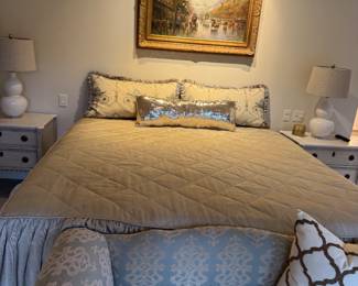 Complete King bed: frame, matress, box spring, sheets, bedding and decorative pillows.