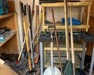 Assortment of Gardening Tools - Shovels, Rakes, Dirt Compactor 