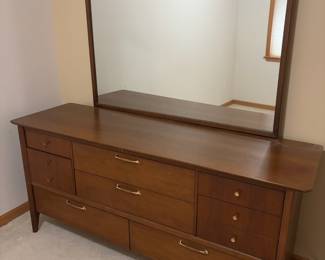 Drexel Mid Century 10-Drawer Walnut Low Boy Dresser with Mirror