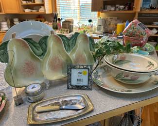 Franciscan Desert Rose - Charger, Dinner Plate, Salad Bowl, Dipping Bowl, Pink Glass Goblet, Fitz & Floyd Sommer Hill Pear Divided Serving, Pair of Pfaltzgraff  “Garden Party” Cereal Bowls