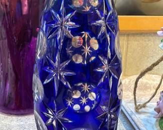Cobalt Blue Cut to Clear Crystal Vase