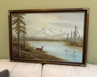 Framed Oil Painting of Deer and Mountain Scene