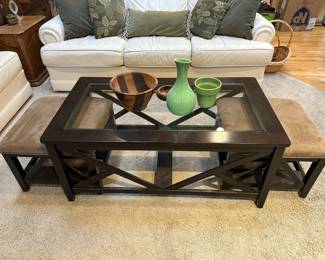Contemporary Glass Top Coffee Table with Two Nesting Ottomans, White Leather Love Seat, White Leather Couch, Walnut Two-Toned Segmented Mixing Bowl