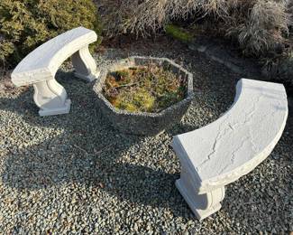 Pair of Matching Concrete Benches, Hexegon Exposed Aggregate Concrete Planter