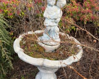 Concrete Boy & Girl Under Umbrella Bird Bath