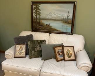 Framed Oil Painting of Deer and Mountain Scene, White Leather Love Seat