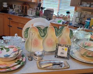 Franciscan Desert Rose - Charger, Dinner Plate, Salad Bowl, Dipping Bowl, Pink Glass Goblet, Fitz & Floyd Sommer Hill Pear Divided Serving, Pair of Pfaltzgraff  “Garden Party” Cereal Bowls