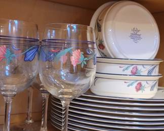 Lenox Chinastone "Poppies on Blue" Dish Set – 3 Soup Bowls, 10 Dinner Plates, 5 Wine Glasses