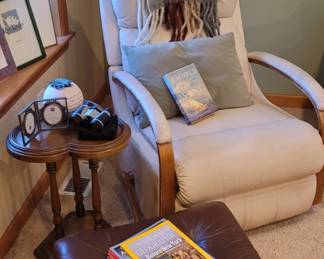 White Leather Reclining Rocking Chair, Brown Leather Tufted Ottoman