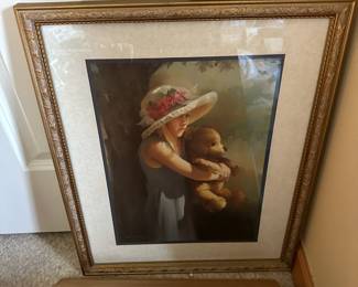 Framed & Matted 1998 Home Interiors Watercolor Print of Girl with Bear 