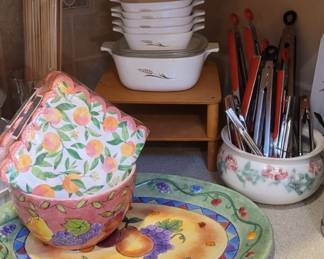 Corning Ware "Golden Wheat" Casserole Dishes, Sango Sangria Fruit Themed Platter & Bowl, Assortment of Serving Tongs