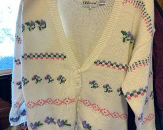 Circa 1990's Silver Cord Floral Embroidered Knit Cardigan - Size L