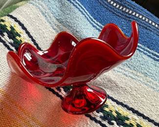 Red Viking Swung Glass Candy Dish with Pedestal