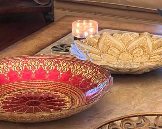 Large platters atop grand coffee table. Grand coffee tabkle available for pre-sale. Such a beautiful home.