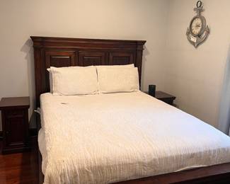 Queen bed with cedar lined drawers for storage and streamlined end tables with electrical outlets for device charging. Queen mattress included this is an amazing deal. 650.00. Available for pre-and post sale