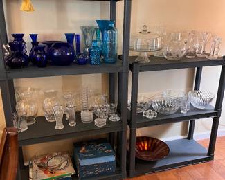 Glassware! Cobalt, aqua & green. Crystal vases and bowls. Etched glass pitchers and small dishes.