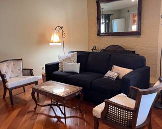 Like new navy sofa and newly reupholstered cane arm chairs