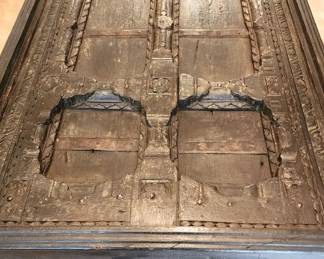 Antique Painted Door Table 35" X 72" X 30" (Possible purchased from Art of Old India, Inc.)  Two different sets of legs that screw into the table.  Can be used as an eating table or a coffee table.  Has large piece of glass that covers the table. 