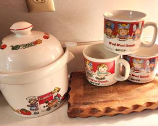 Campbell's Soup Tureen, Ladle, Lid & Three Mugs. Campbell's Kids 1910-1990. Excellent Condition.