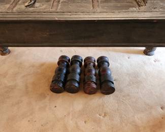 Antique Painted Door Table 35" X 72" X 30" (Possible purchased from Art of Old India, Inc.)  Two different sets of legs that screw into the table.  Can be used as an eating table or a coffee table.  Has large piece of glass that covers the table.