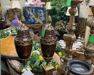 Pair of Brass Urns, Wooden Candle Sticks