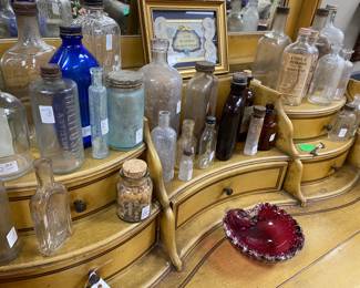 Assortment of Antique bottles, Murano glass heart ashtray