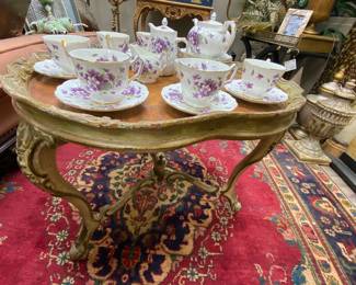 French provincial occasional table and Anysley England Violette bone china tea set