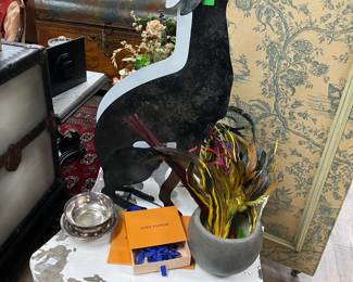 Large cast iconic style occasional table, greyhound artwork, colorful feathers