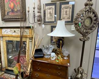 Set of 4 Antique lithographs on parchment paper and Bombay chest, lamps and more