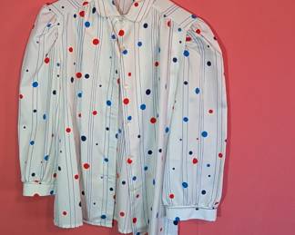 Vtg 1980’s White Button Up Blouse Top Stripes Polka Dots 