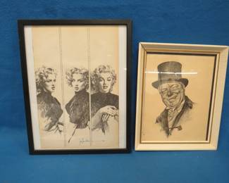 Lot 334. Pencil drawings of W.C. Fields and Marilyn Monroe