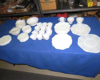 Lot 375. 1930s Macbeth Evans American Sweetheart opalescent milk glass dish set. About 95 total pieces.