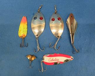 Lot 429. Six metal baits including two Gibb's 3 1/4" Ruby Eye Wigglers, Baby Bat, and more