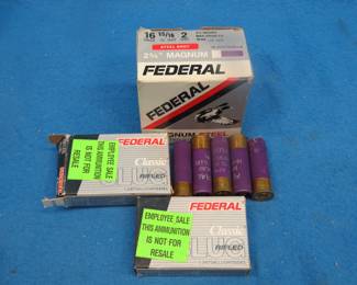 Lot 46. One box of 25 Federal 16-gauge {#}2 steel shot shotgun shells, and two boxes of 5 each of Federal 16-gauge deer slugs