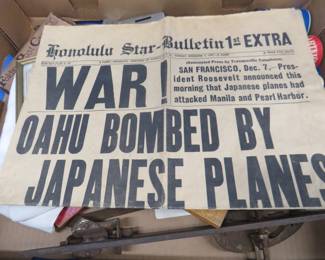 Lot 250. Misc. collectibles including advertising rulers, advertising serving ware, a reproduction Pearl Harbor newspaper, and more.