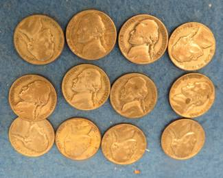 Lot 39. Twelve 35% silver Jefferson war time nickels